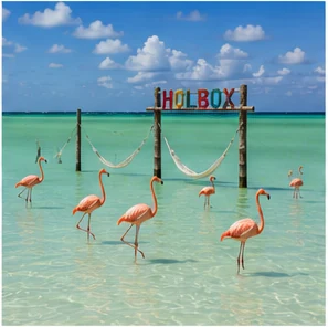 Holbox sign & flamingos